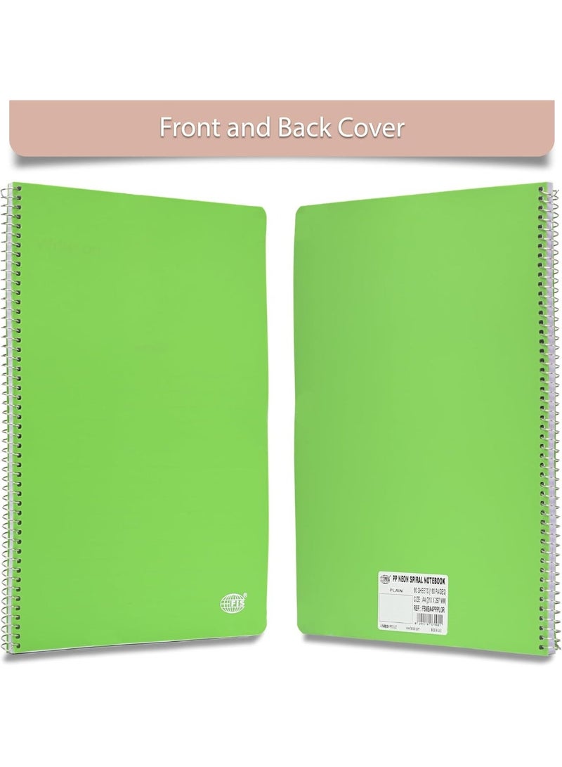 FIS Notebook A4 Size(210x297mm), PP Neon Cover, Spiral Binding, 80 Sheets, White Paper, Plain (No Ruling), Pack of 5 Assorted Neon Colors, Ideal for School Essentials - FSNBA4PPPLAST/5 - Image 3
